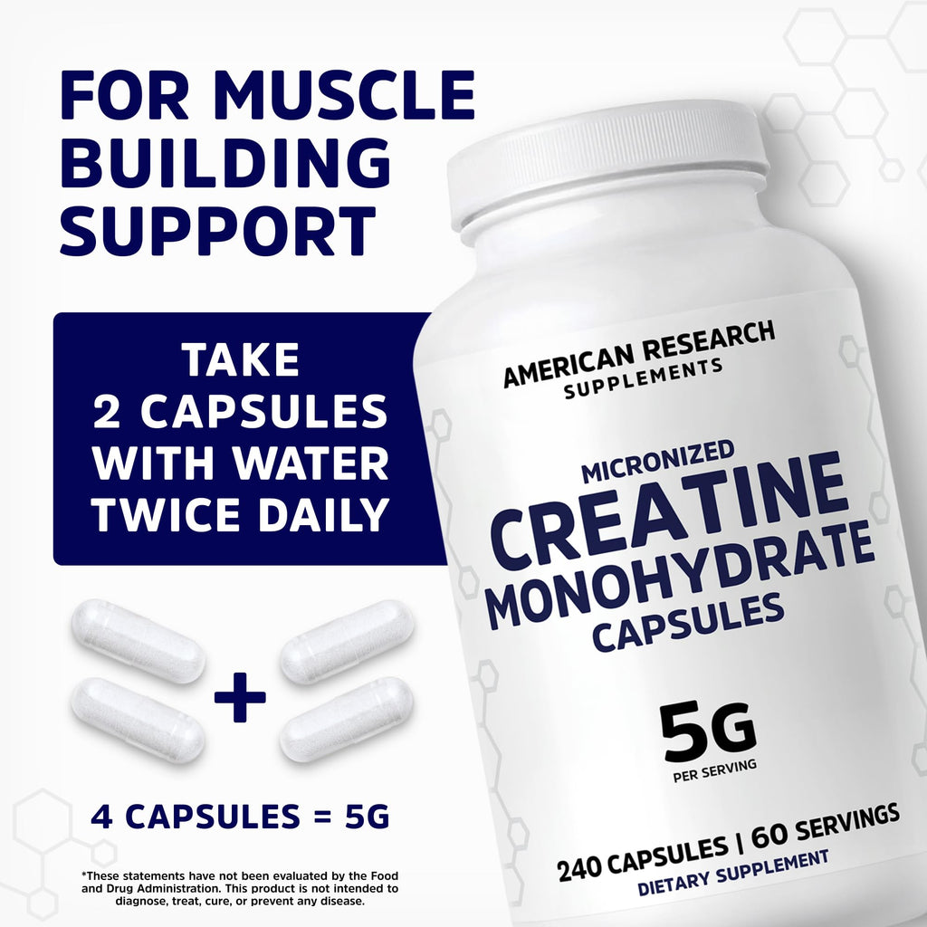 Creatine Monohydrate Capsules 5G | 60 Servings | Vegan | 4 Caps per Serving | Micronized Creatine Pills 5000mg | 240 Capsules | Creatine Pills For Men & Women | 2 Months Supply | Made Without Fillers
