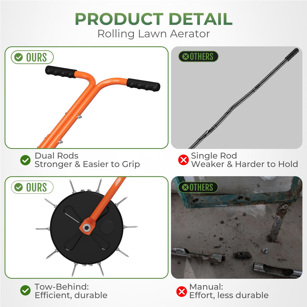 Walensee Rolling Lawn Aerator, Heavy Duty Manual Aerator Tool with 30 Spikes, Aerator Lawn Tool with Integrated Dual-Bar Handle, Soil Penetrator Push Lawn Aeration for Yard, Garden and Lawn