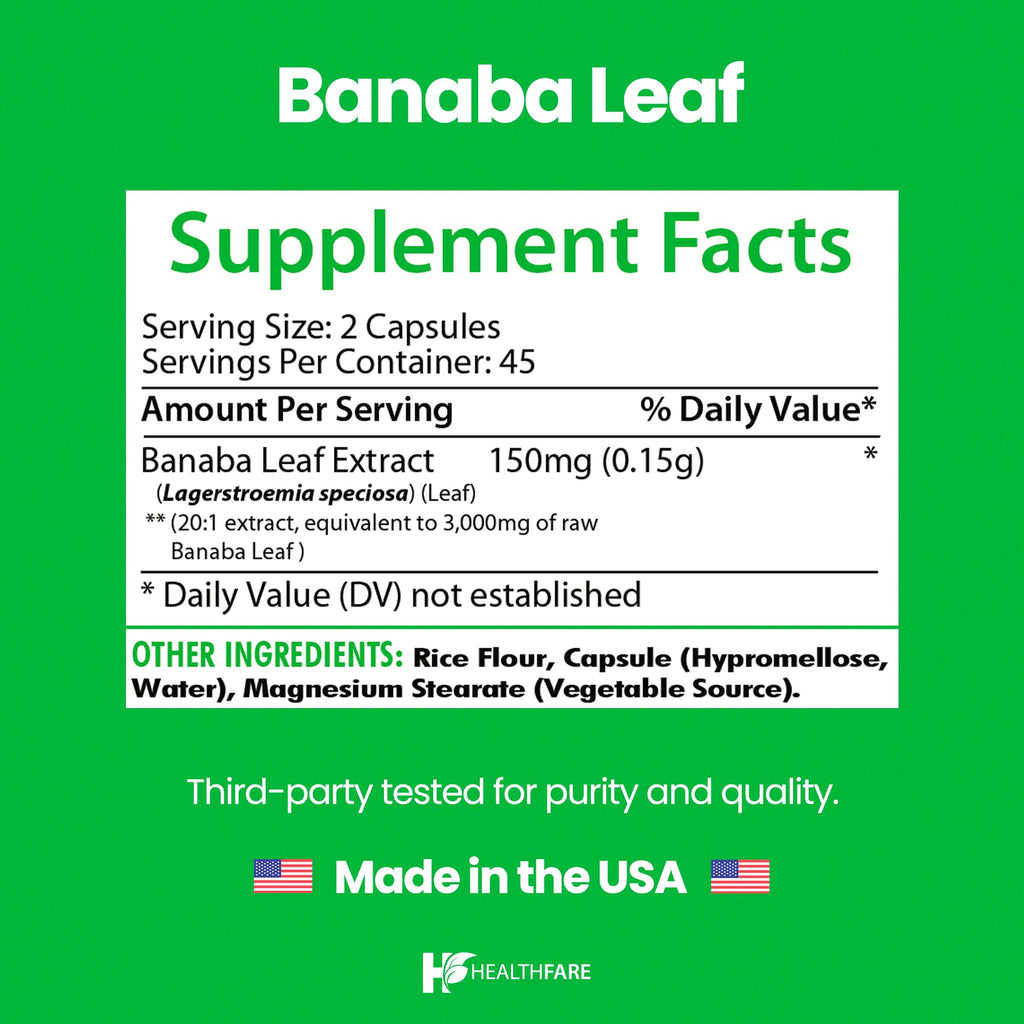 Healthfare Banaba Leaf Extract Capsules 3000mg | 90 Vegan Pills | Standardized with Corosolic Acid | Premium Herbal Supplement | Non-GMO, Gluten-Free | Made in USA