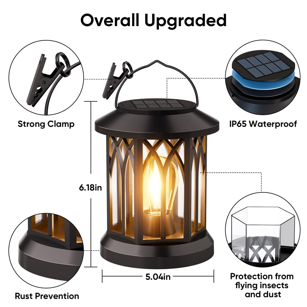 Solar Lanterns Outdoor Waterproof 4-Pack: Hanging Solar Lights for Outside Patio Decor for Garden Bright Black Modern Lanterns Decorative with Clips Gifts for Family Household Newlyweds - Warm Light