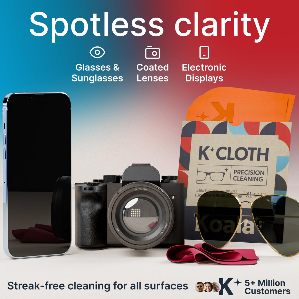 Koala Lens Cleaning Cloth | Japanese Microfiber | Glasses Cleaning Cloths | Eyeglass Lens Cleaner | Eyeglasses, Camera, VR/AR Headset, and Screen Cleaner | Pink & Orange (Pack of 3)