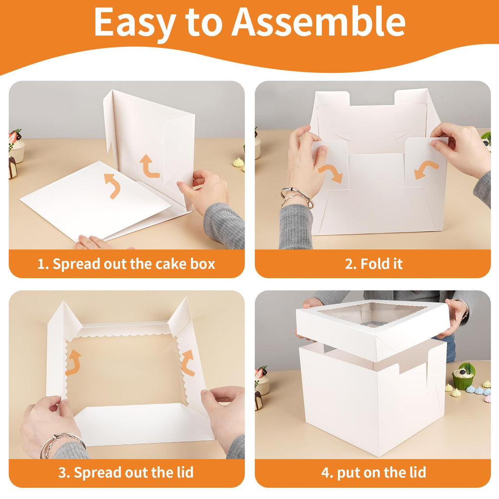 WINKIO Cake Box with Cake Boards, 10 Pack Disposable Cake Carrier, Cakes Transport Container, White Bakery Holder with Window (10, white, 10x10x8 Inches)