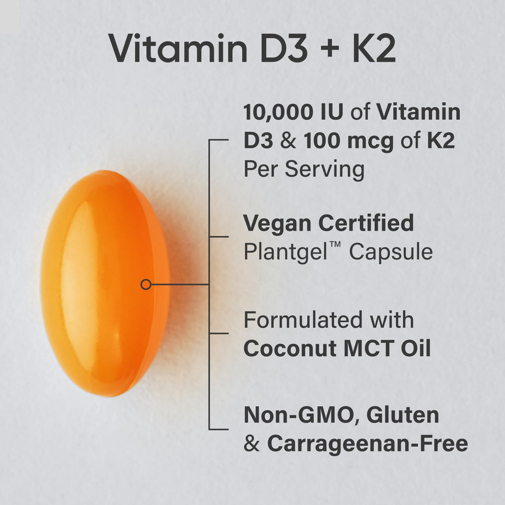 Sports Research® Vitamin D3 + K2 with 10,000iu of Plant-Based D3 & 100mcg of Vitamin K2 as MK-7 | Non-GMO Verified & Vegan Certified 60ct