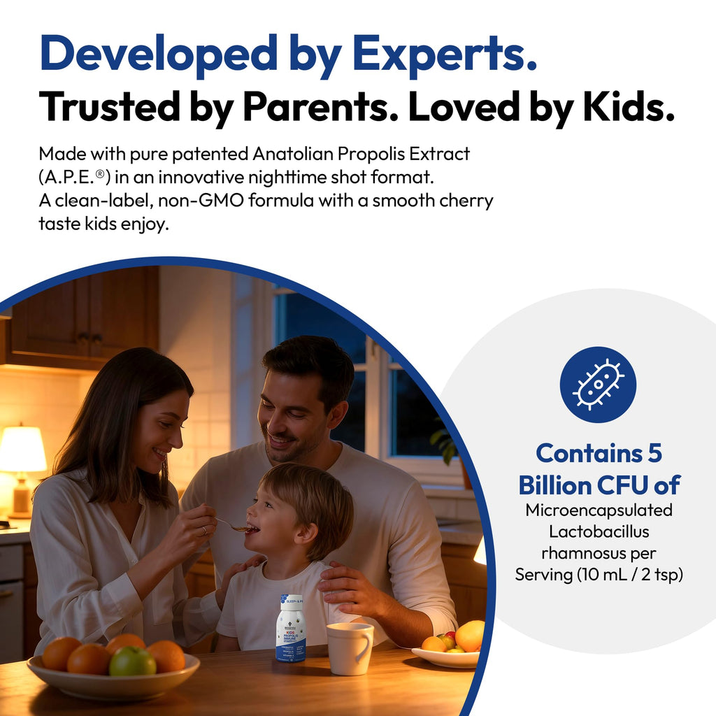 Bee and You Kids Propolis Immune Night Time Shot - Probiotic, Lemon Balm, Tart Cherry, Sleep Support, Immune Support, Gut Health 1.69 Fl. oz, 12 Pack
