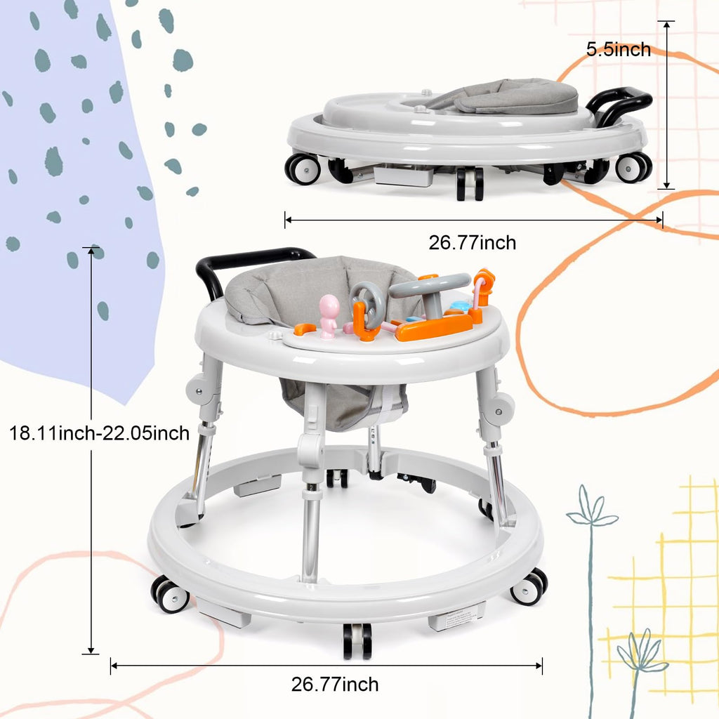 HolyBase Music and Lights Baby Walker Foldable with 9 Adjustable Heights, Baby Walker with Wheels Portable, Infant Toddler Walker for Baby Boy Girls 6-18 Months