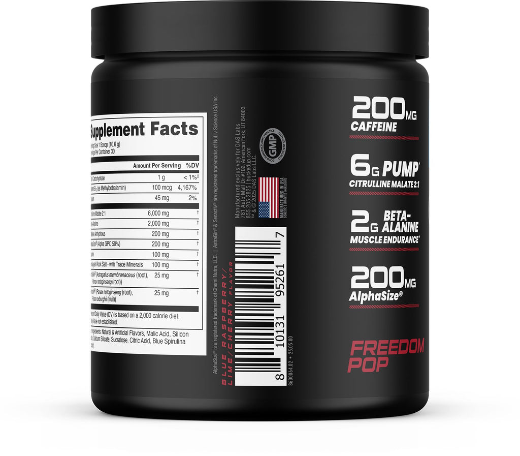 Bucked Up Pre Workout Freedom Pop | 200mg Caffeine with Citrulline Malate Beta Alanine AlphaSize and Taurine | Pre Workout Powder (30 Servings)