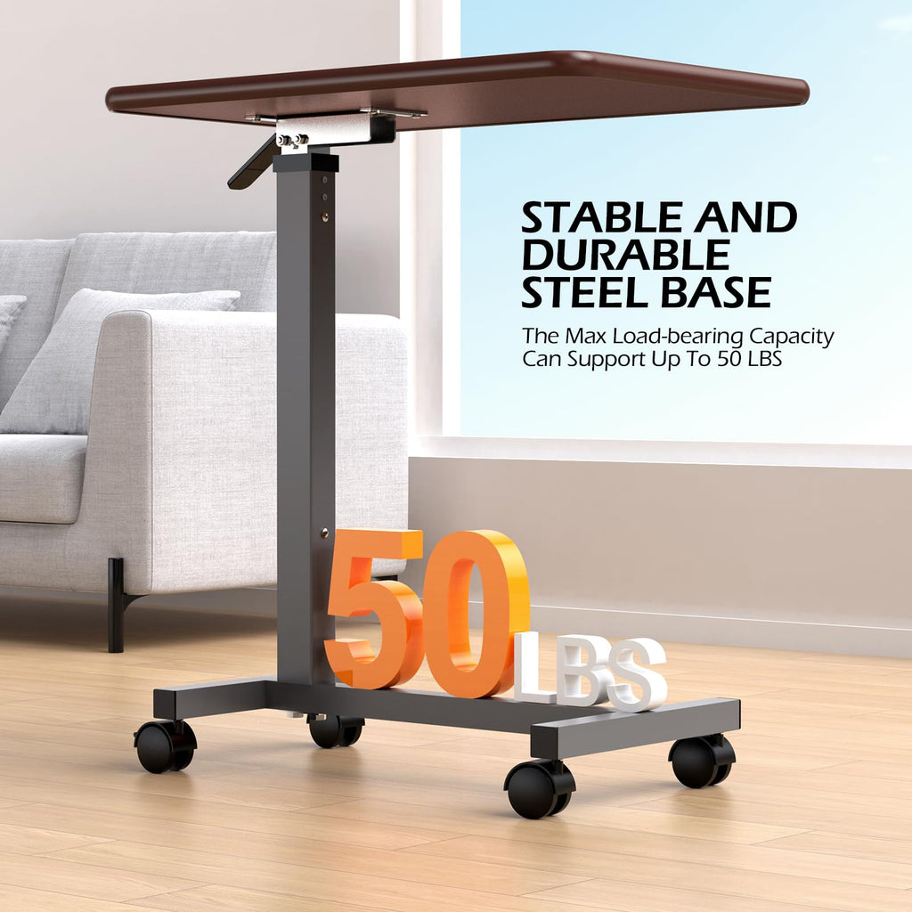 WOTURE Adjustable Overbed Table with Wheels, Bedside Rolling Table, Pneumatic Height Adjustment, Hospital Bed Table on Wheels, Standing Desk, Bedridden & Mobility Needs, Walnut