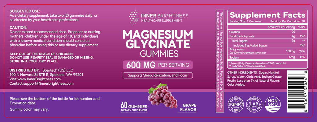Magnesium Glycinate Gummies 600mg, Non-GMO, Gluten-Free, Magnesium Gummies for Adults & Kids, Sleep, Relaxation & Focus, Grape Flavor, 60 Count
