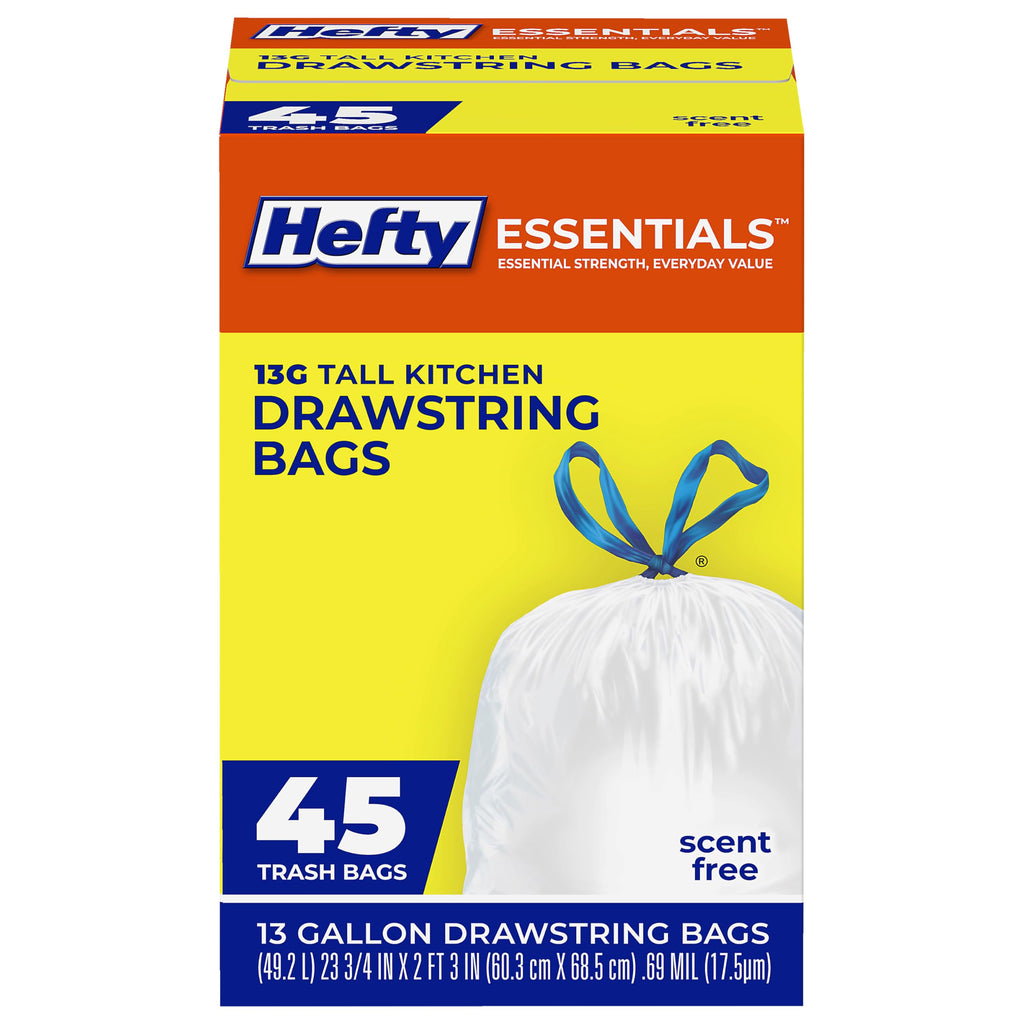 Hefty Essentials Drawstring 13 Gallon Kitchen Trash Bags, Tall Unscented Trash Bags for Kitchens, Home Offices, or Laundry Rooms, Easy to Tie, Lift, and Carry, White (Pack of 270)