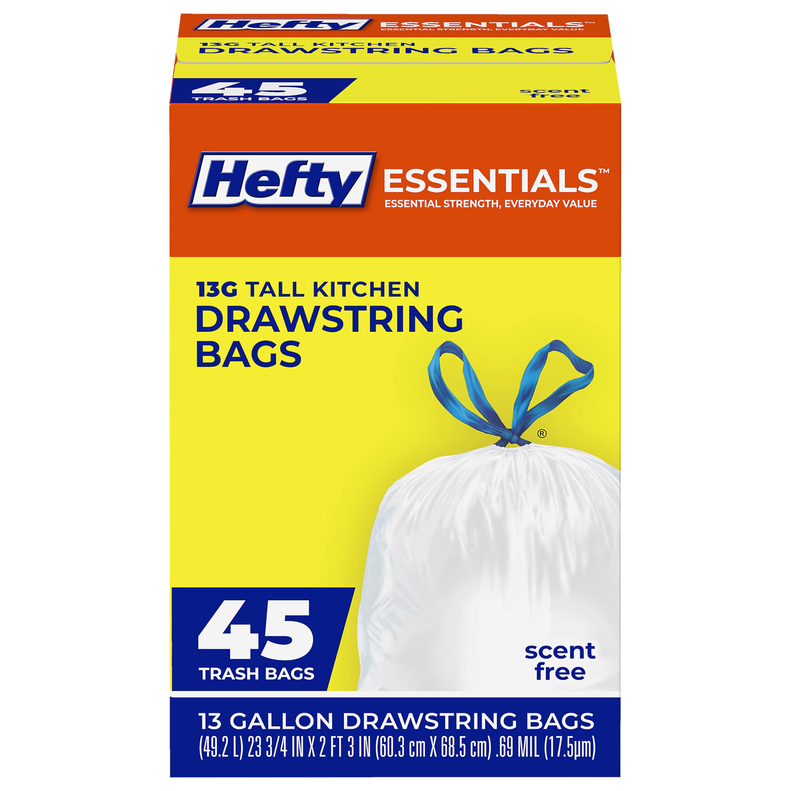 Hefty Essentials Drawstring 13 Gallon Kitchen Trash Bags, Tall Unscented Trash Bags for Kitchens, Home Offices, or Laundry Rooms, Easy to Tie, Lift, and Carry, White (Pack of 270)