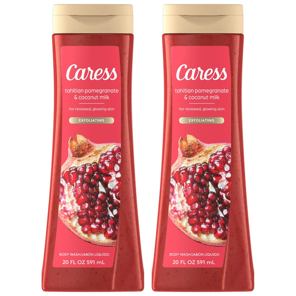 Caress Body Wash, Tahitian Pomegranate & Coconut Milk, Moisturizing Body Wash for Renewed, Glowing Skin, Exfoliating Body Soap Liquid, 20 Fl Oz (Pack of 2)