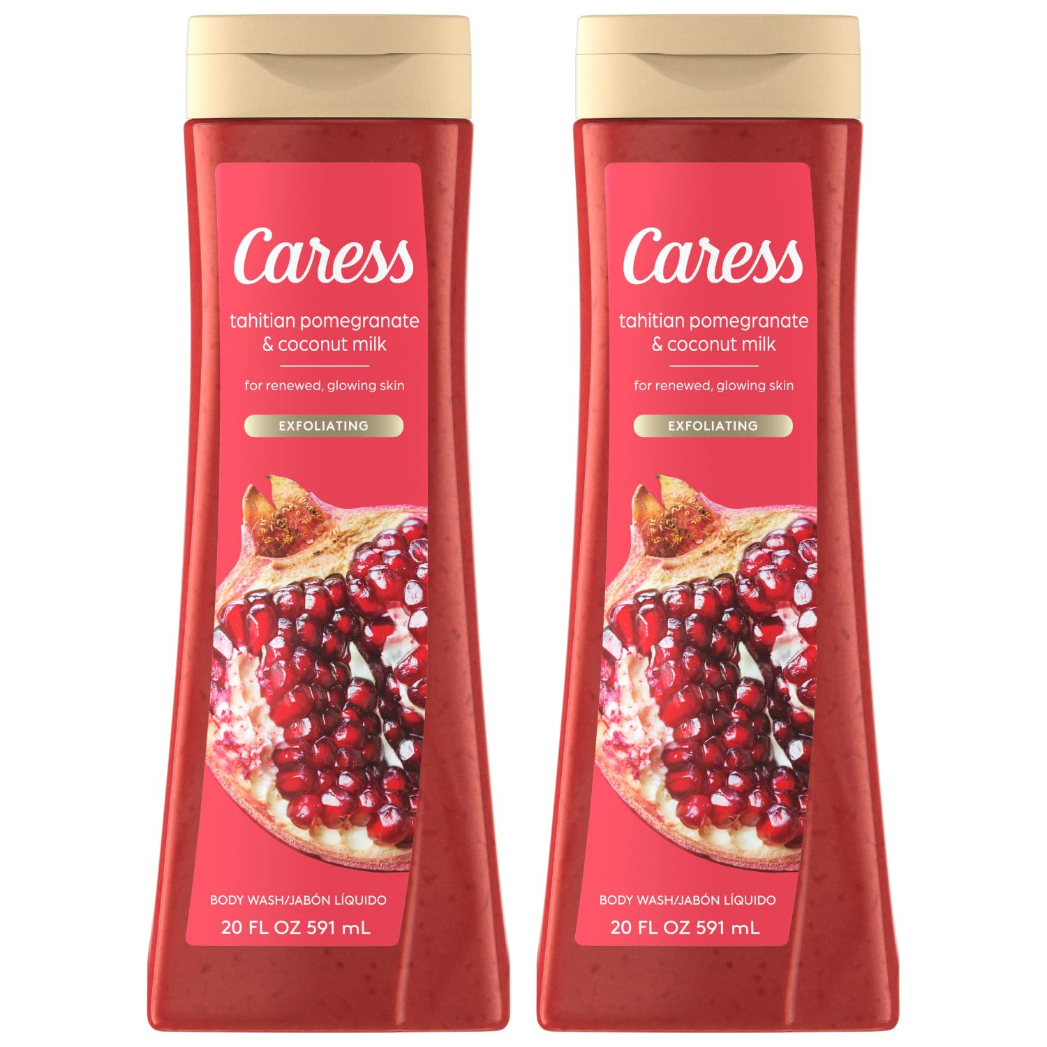 Caress Body Wash, Tahitian Pomegranate & Coconut Milk, Moisturizing Body Wash for Renewed, Glowing Skin, Exfoliating Body Soap Liquid, 20 Fl Oz (Pack of 2)