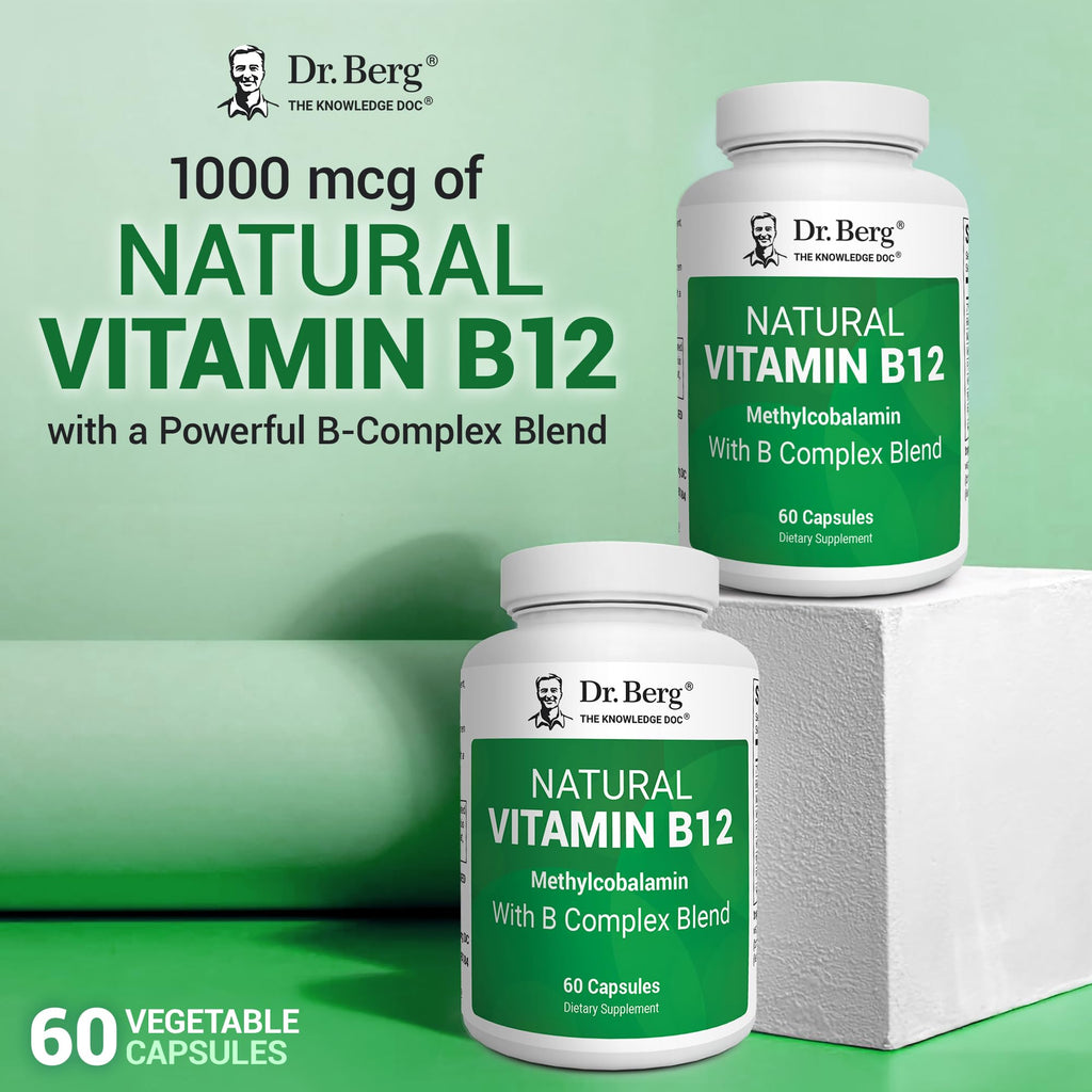 Dr. Berg Natural Vitamin B12 1000 mcg with B Complex Blend - Methylcobalamin B12 for Energy, Nerve Health, and Cognitive Function* - Methylated B12 with Folate - 60 Capsules (2-Month Supply)