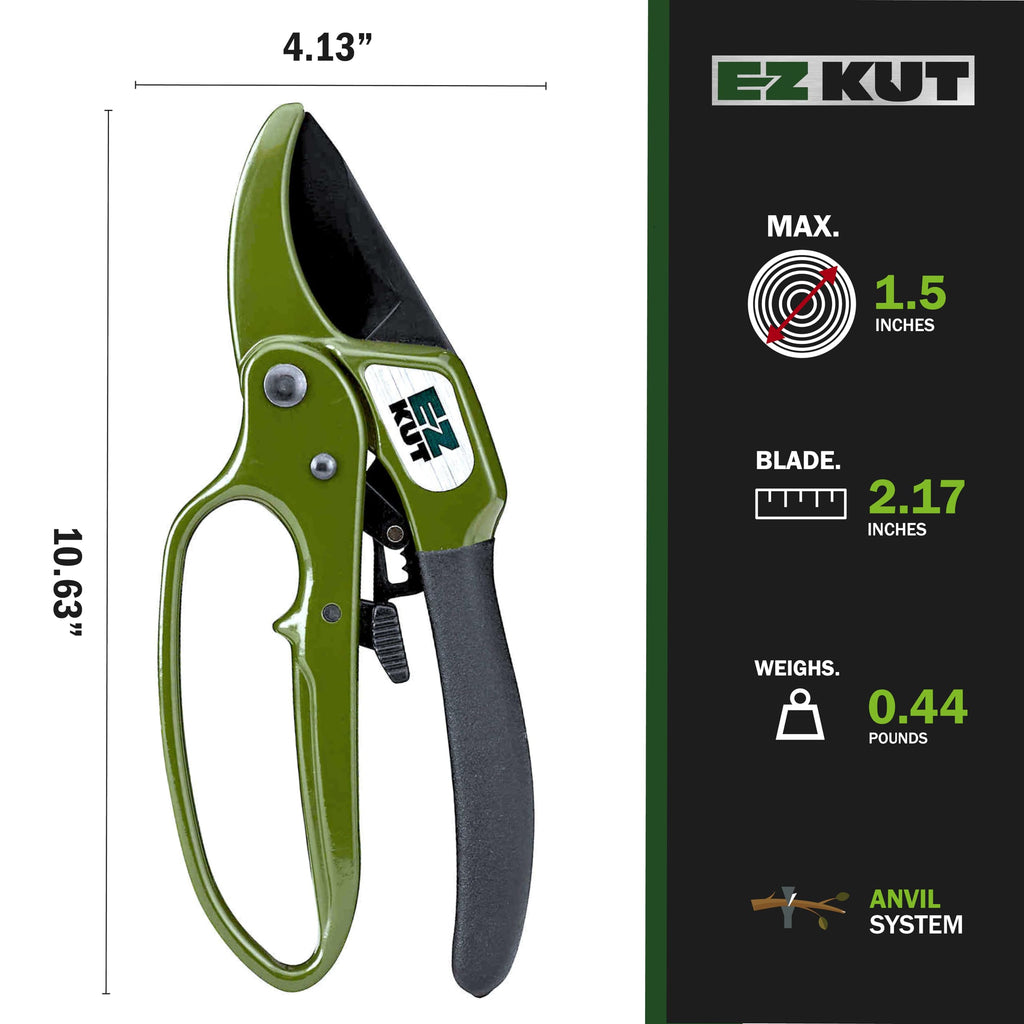 EZ Kut Heavy Duty Pruning Shears Green - with Ratcheting Action Great Garden Hand Tool Clippers Gardening pruners arthritis tools Ratcheting Anvil Hand Pruner Pruning Shears Heavy Duty Since 1988