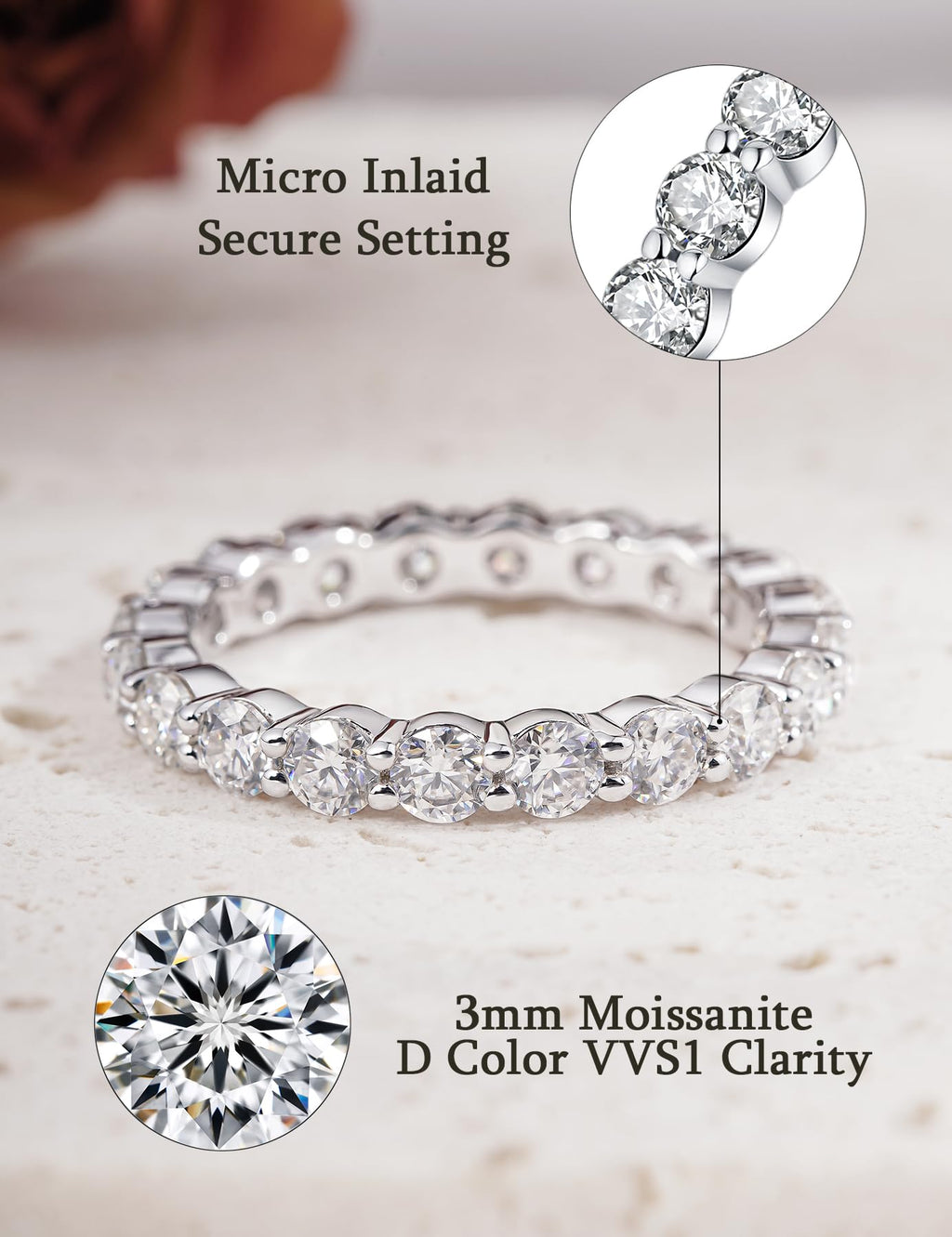 IMOLOVE Moissanite Wedding Band for Women, 3MM 18K White Gold Plated Sterling Silver Full Eternity Ring D Color VVS1 Round Cut Anniversary Promise Jewelry Size 5.5– Shine Bright, Spend Light