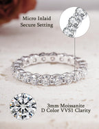 IMOLOVE Moissanite Wedding Band for Women, 3MM 18K White Gold Plated Sterling Silver Full Eternity Ring D Color VVS1 Round Cut Anniversary Promise Jewelry Size 5.5– Shine Bright, Spend Light