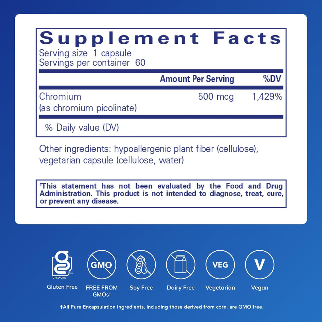 Pure Encapsulations Chromium (Picolinate) 500 mcg - for Lipid & Carbohydrate Metabolism* - Mineral Supplement - Superior Absorption Chromium Supplement - Vegan & Gluten Free - 60 Capsules