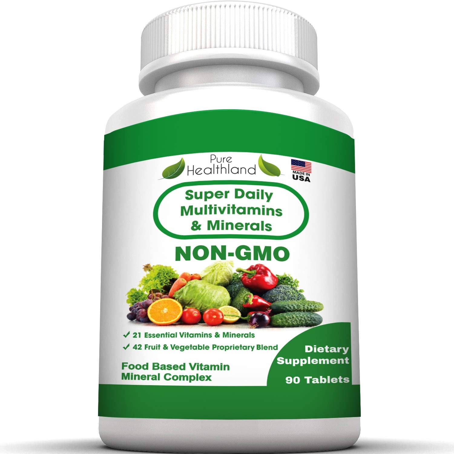 Pure Heathland Non-GMO Super Daily Multivitamin for Adults – 42 Natural Fruits & Vegetables Blend with 21 Essential Vitamins & Minerals – Vegan Coating Tablets, 90 Count, Made in USA