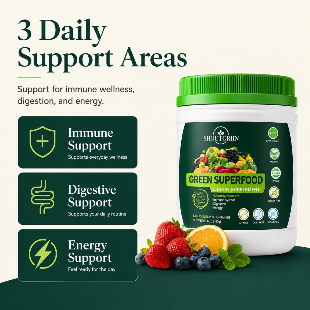 SHOUTGRIIN Green Superfood Powder — Organic Super Greens with 100 Billion CFU Probiotics & Digestive Enzymes — Vegan, Keto, Sugar-Free Daily Greens Supplement — Energy, Gut Health & Immunity