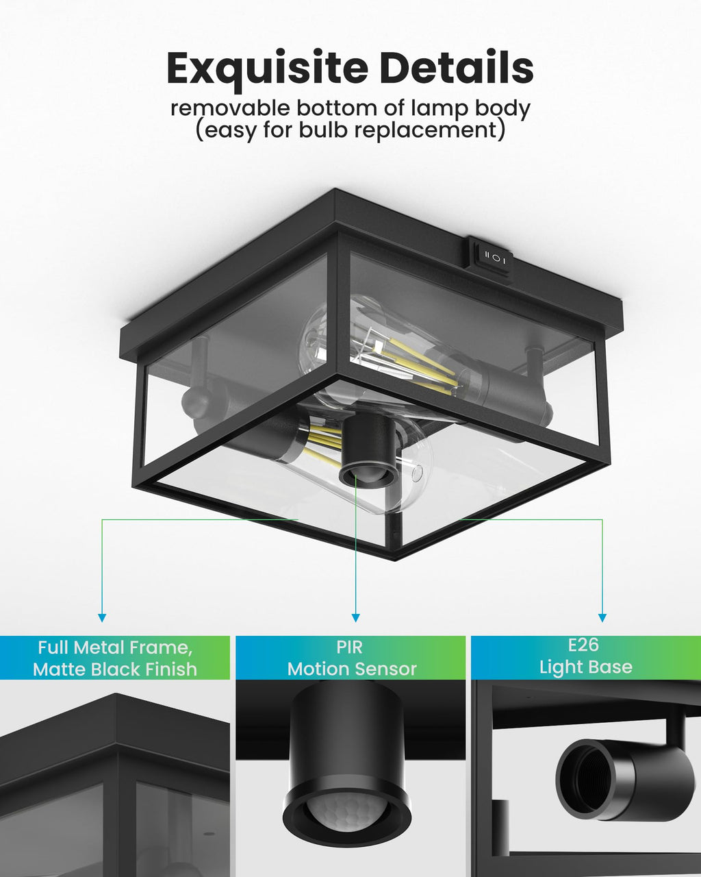 Craftersmark Outdoor Ceiling Light with Motion Sensor, Flush Mount Porch Light, Exterior Light Fixture with Clear Glass, Dusk to Dawn 2-Light Fixture for Patio,Porch (10.5 in)