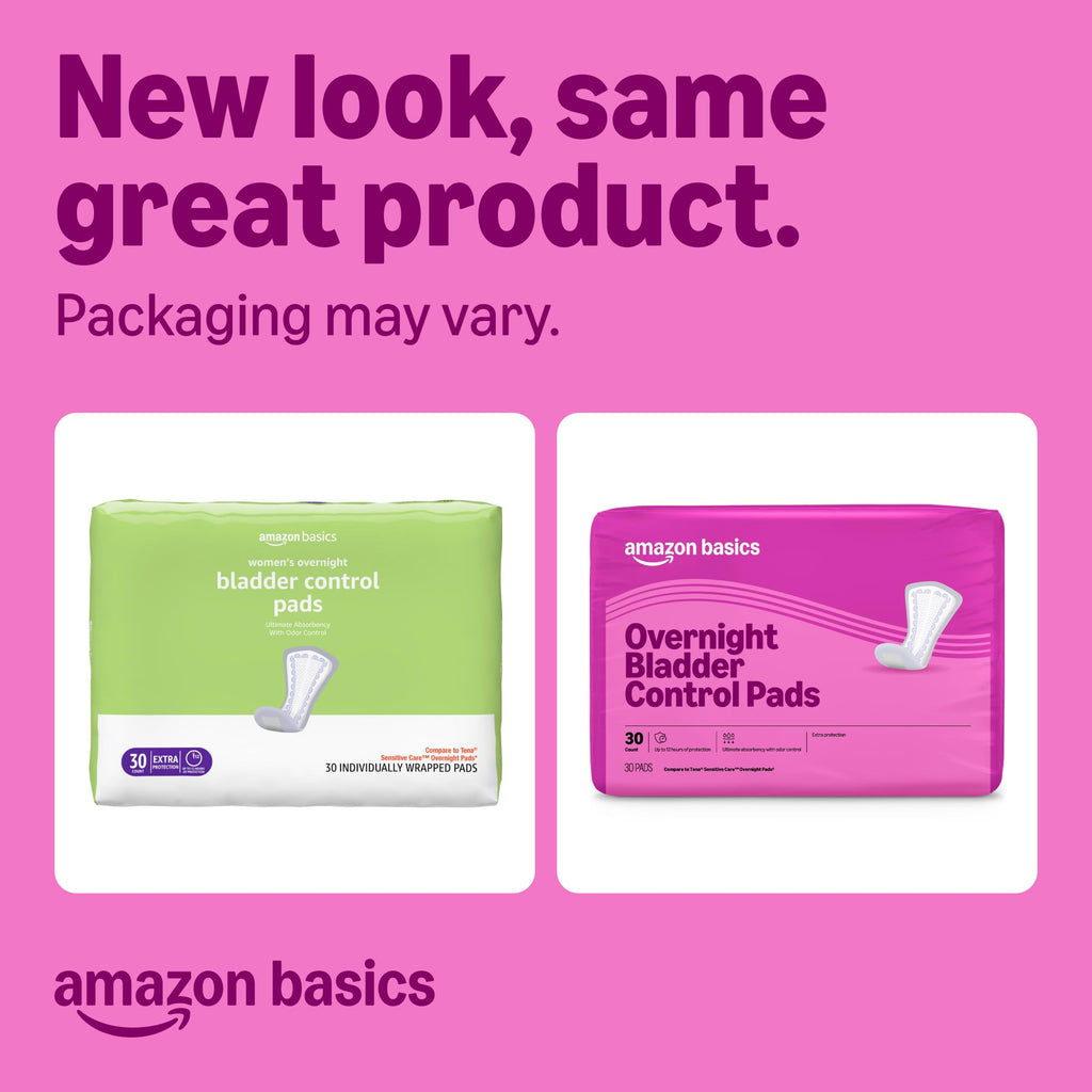 Amazon Basics Incontinence Pads for Women, Postpartum, Bladder Management, Overnight Absorbency, Unscented, with Odor Management, 60 Count (2 Packs of 30), Packaging May Vary