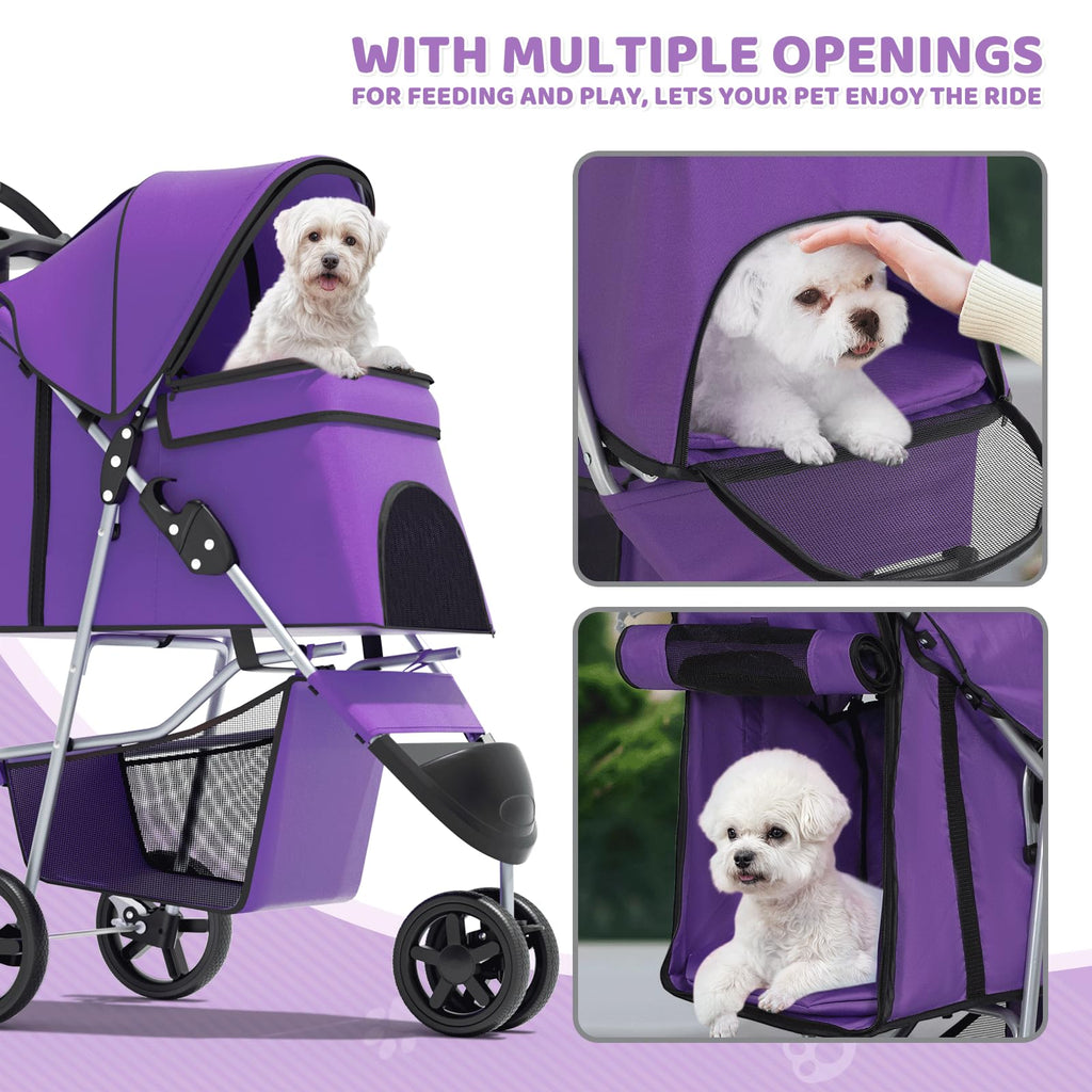 Magshion 3-Wheel Pet Stroller, Foldable Travel Jogger for Small & Medium Dogs & Cats (Up to 33lbs), Lightweight Carrier with Breathable Mesh Cover, Cup Holder & Storage Basket, Purple