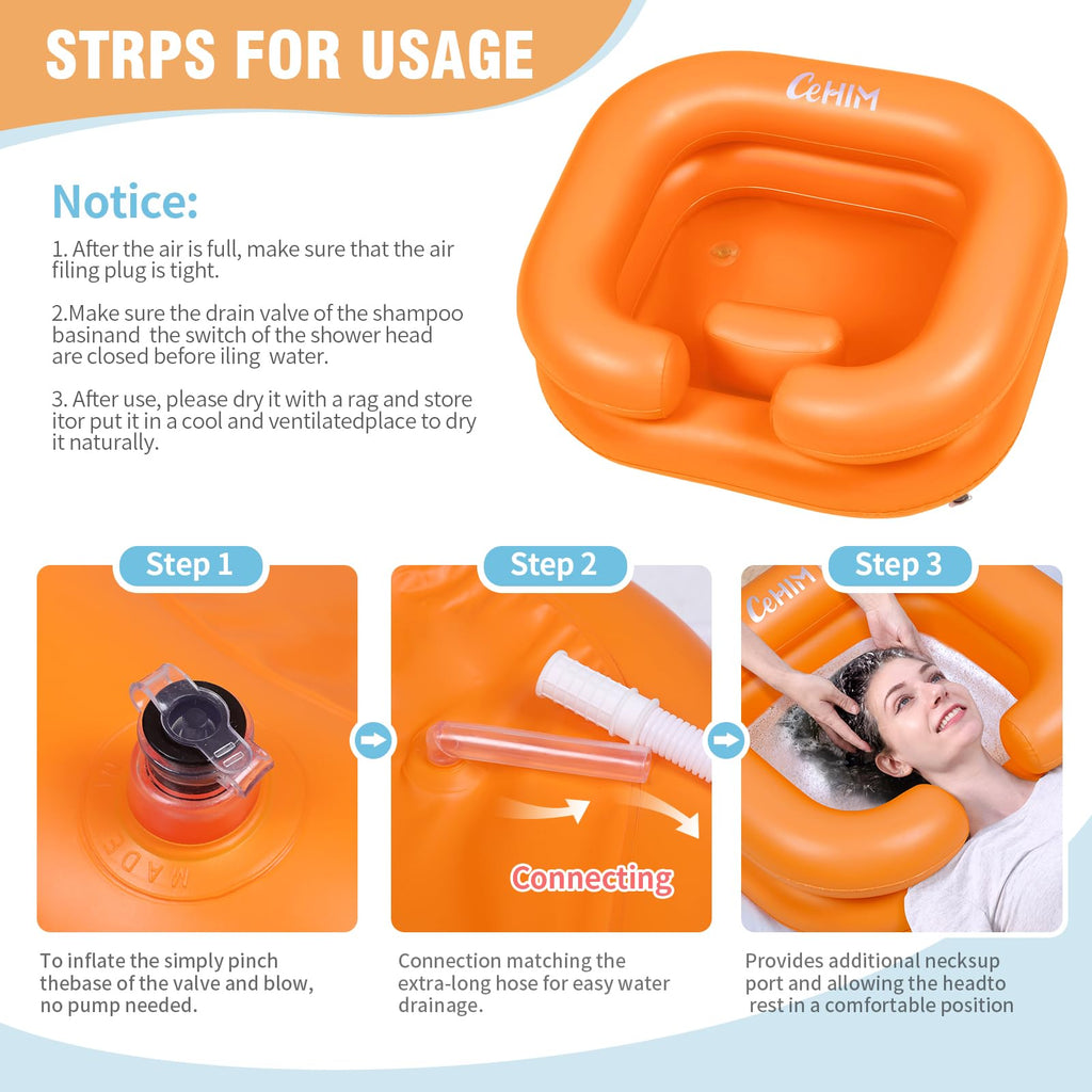 Cehim Inflatable Shampoo Basin - Portable Shampoo Bowl, Hair Washing Basin for Bedridden, Disabled,Injured, Hair Wash Tub for Dreadlocks and at Home Sink Washing (Orange, 15in Inner)