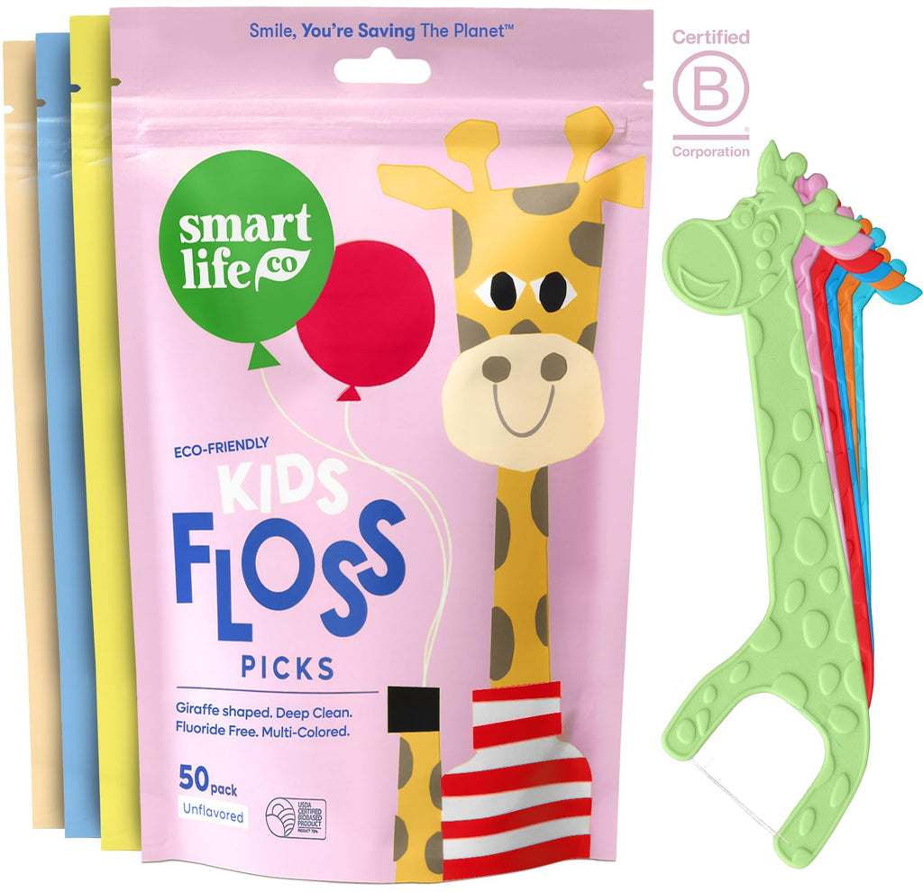SmartLifeco Eco-Friendly Kids Flossers (200ct) - Dental Floss Picks for Children Made with Straw Wheat, Fluoride & PFA Free, Toothpick Flossing Sticks for Toddler Teeth, No Shred Thread, Unflavored