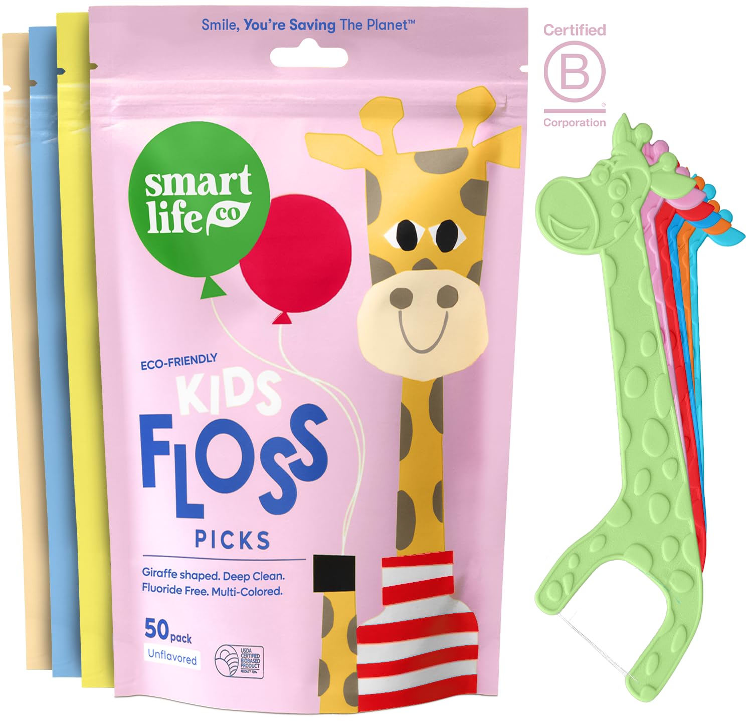 SmartLifeco Eco-Friendly Kids Flossers (200ct) - Dental Floss Picks for Children Made with Straw Wheat, Fluoride & PFA Free, Toothpick Flossing Sticks for Toddler Teeth, No Shred Thread, Unflavored