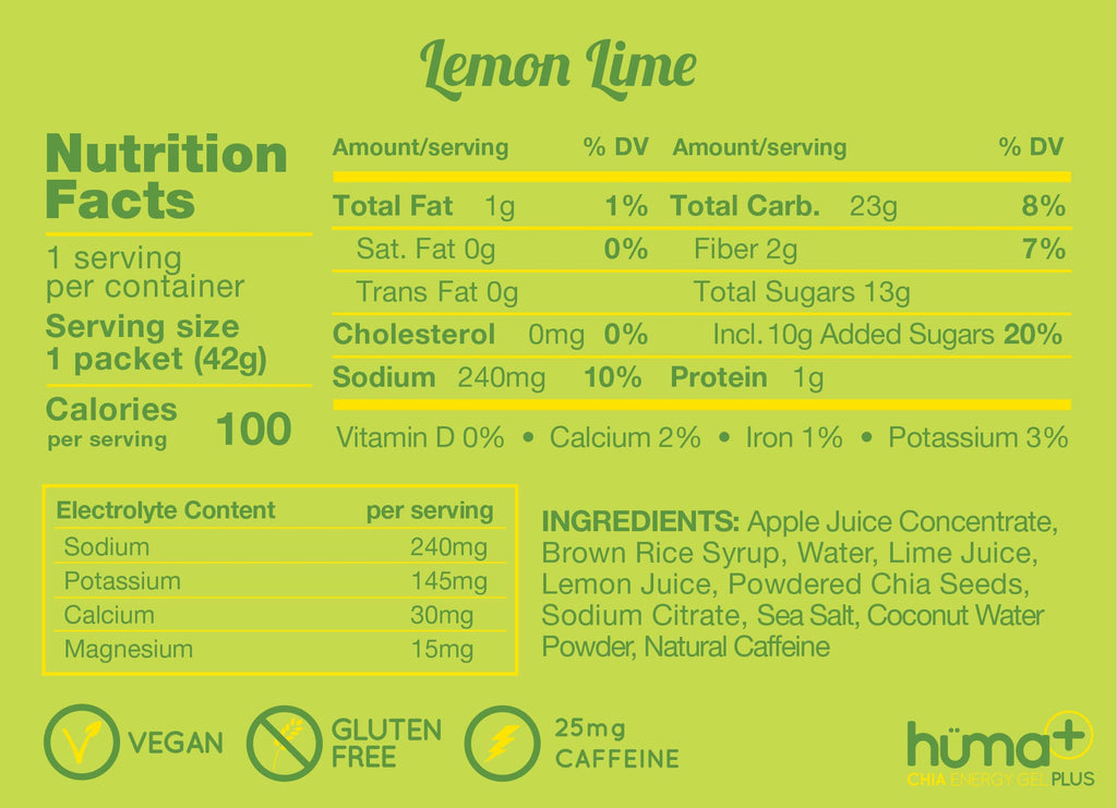 Huma Plus - Chia Energy Gel, Lemons & Limes, 24 Gels, 25mg Caffeine