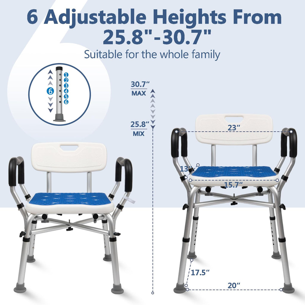 Upgrade Shower Chair for Elderly and Disabled: Non-Slip Silicon Pad Bariatric Shower Seat with Arms & Back, Height Adjust & Reinforced Crossbars, 500lbs Heavy Duty Shower Chair for Inside Shower