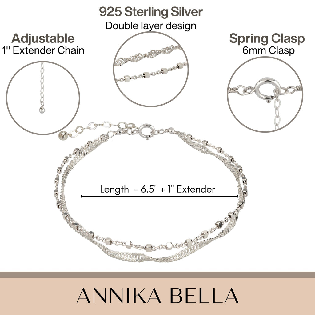 Annika Bella Double Stranded Sterling Silver Bracelet for Women, Dainty Waterproof Chain Bracelet for Women, Teen (Twirl & Satellite Chains)