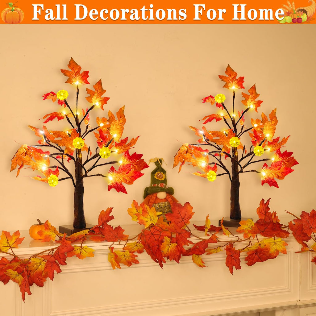 TURNMEON Fall Decor 2 Pack 18 Inch Prelit Fall Maple Tree 48 LEDs Timer