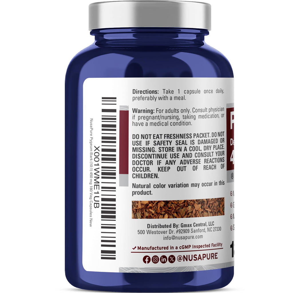 NusaPure Pygeum Bark Capsules, 450 mg, 180 Veg Capsules (Non-GMO, Vegan)