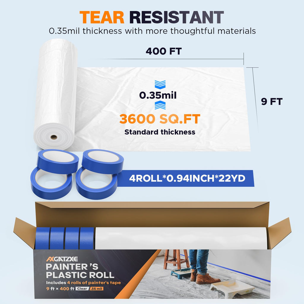Plastic Drop Cloths, 400' Length x 9' Width Painter's Plastic Film with 4 Rolls Painter's Tape - Disposable Painter's Sheeting & Tarps for Painting, Waterproof Furniture/Couch/Floor Protection