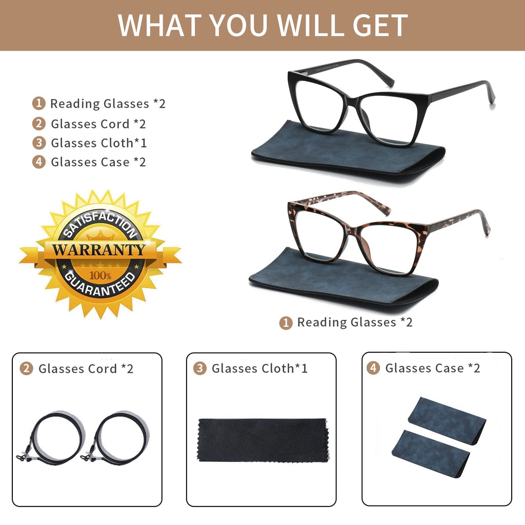 LKEYE Oversized Reading Glasses For Women Cat Eye Computer Blue Light Blocking Reader Stylish Ladies Designer Fashion Large Unbreakable Eyeglasses 2pack Black Leopard LK6042 + 2.50 x