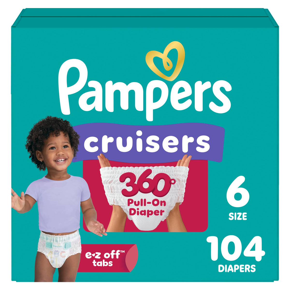 Pampers Diapers - Cruisers 360 - Size 6, 104 Count, up to 100% Leakproof Pull-On Diaper for Active Babies