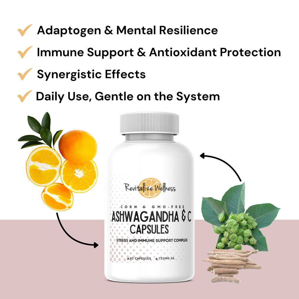 Revitalize Wellness Ashwagandha + Vitamin C Capsules | Stress and Immune Support Complex | with 550 mg Ashwagandha and 200 mg Vitamin C per Serving | 30 Servings