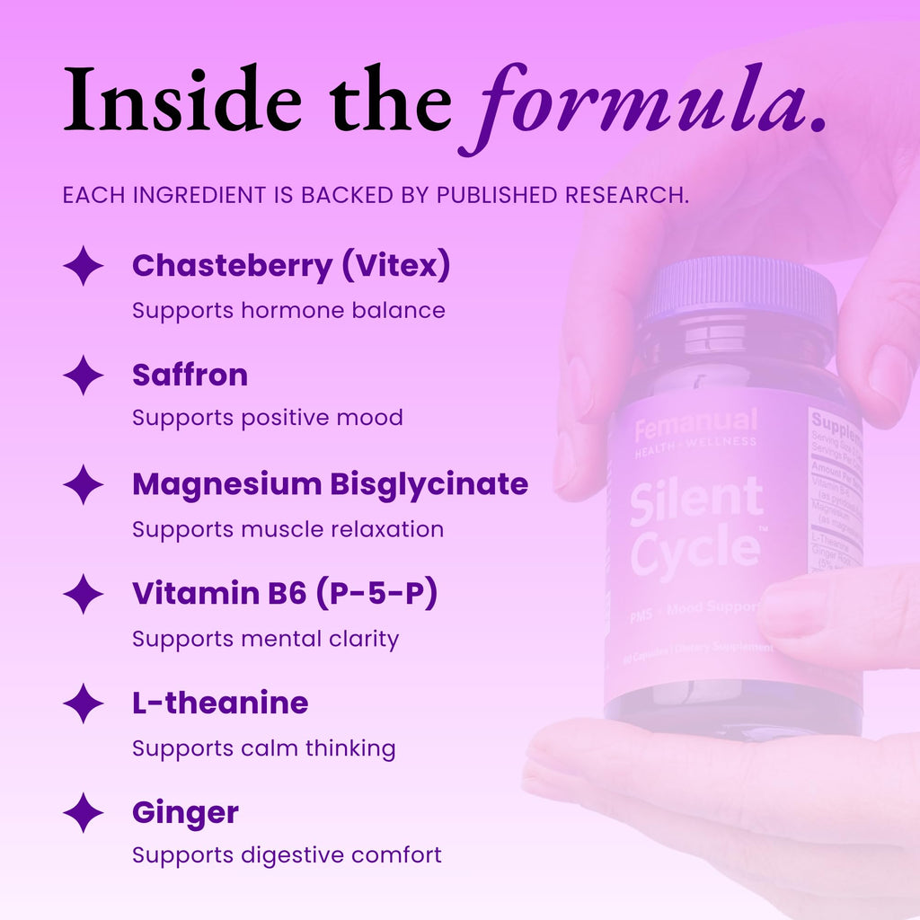 Femanual SilentCycle | PMS + Mood Support Supplement with Chasteberry (Vitex), Saffron, Magnesium, L-Theanine, Vitamin B6, and Ginger - 60 Vegan Capsules