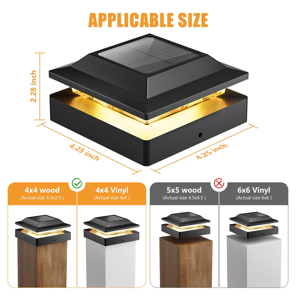 4x4 Solar Post Cap Lights 4-Pack, Dual Color LED Lights for Wood/Vinyl Post