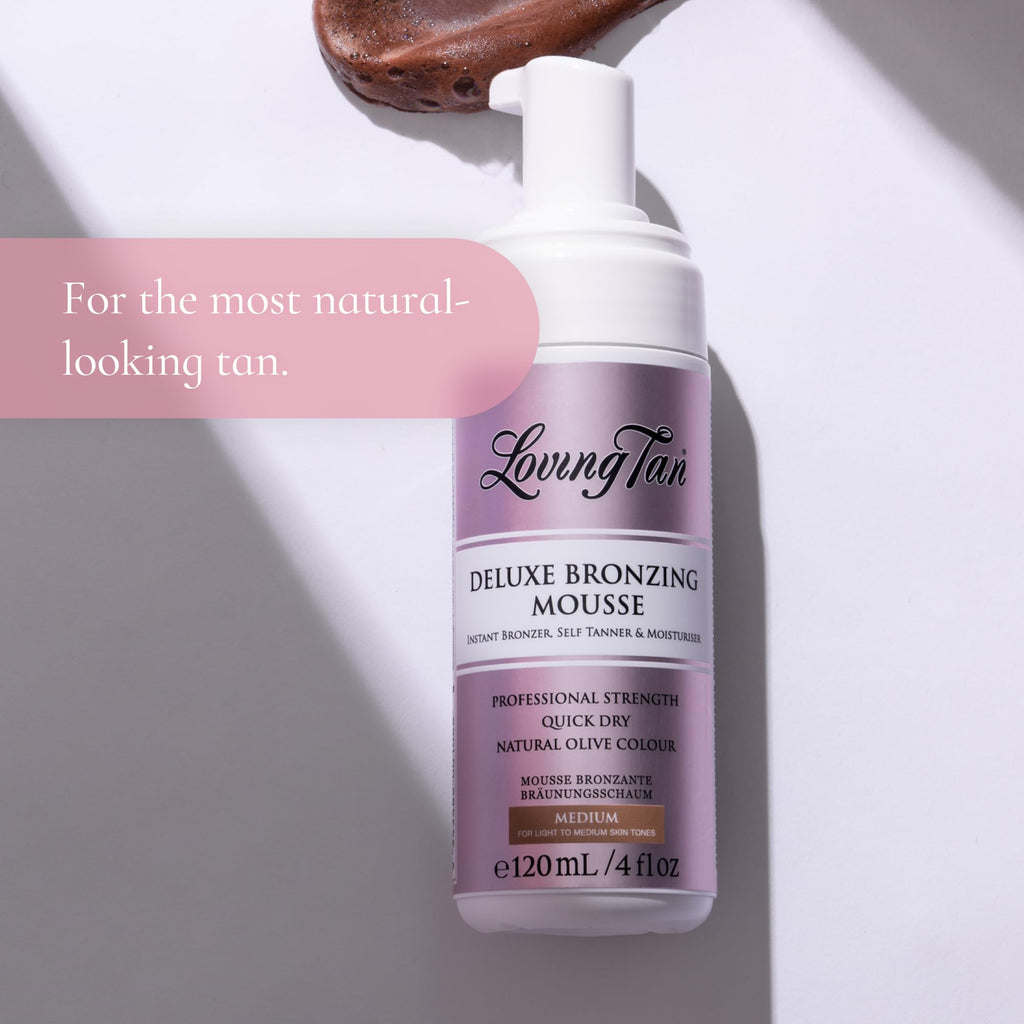 Loving Tan Deluxe Self Tanning Bronzing Mousse, Medium - Streak Free, Professional Quality Sunless Tanning - Up to 5 Self Tanner Applications per Bottle, Cruelty Free, Naturally Derived DHA - 4 FL Oz