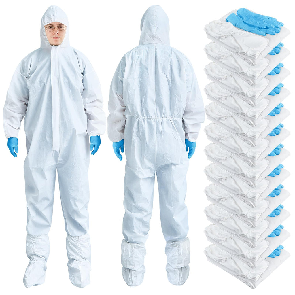 TrelaCo 12 Sets Hazmat Suit Disposable Protective Coveralls Full Body Paint Suit with Hood Shoe Cover and Glove Breathable Coverall (XL,White)