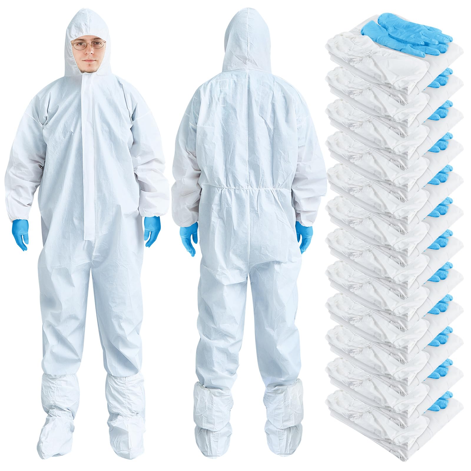 TrelaCo 12 Sets Hazmat Suit Disposable Protective Coveralls Full Body Paint Suit with Hood Shoe Cover and Glove Breathable Coverall (XL,White)