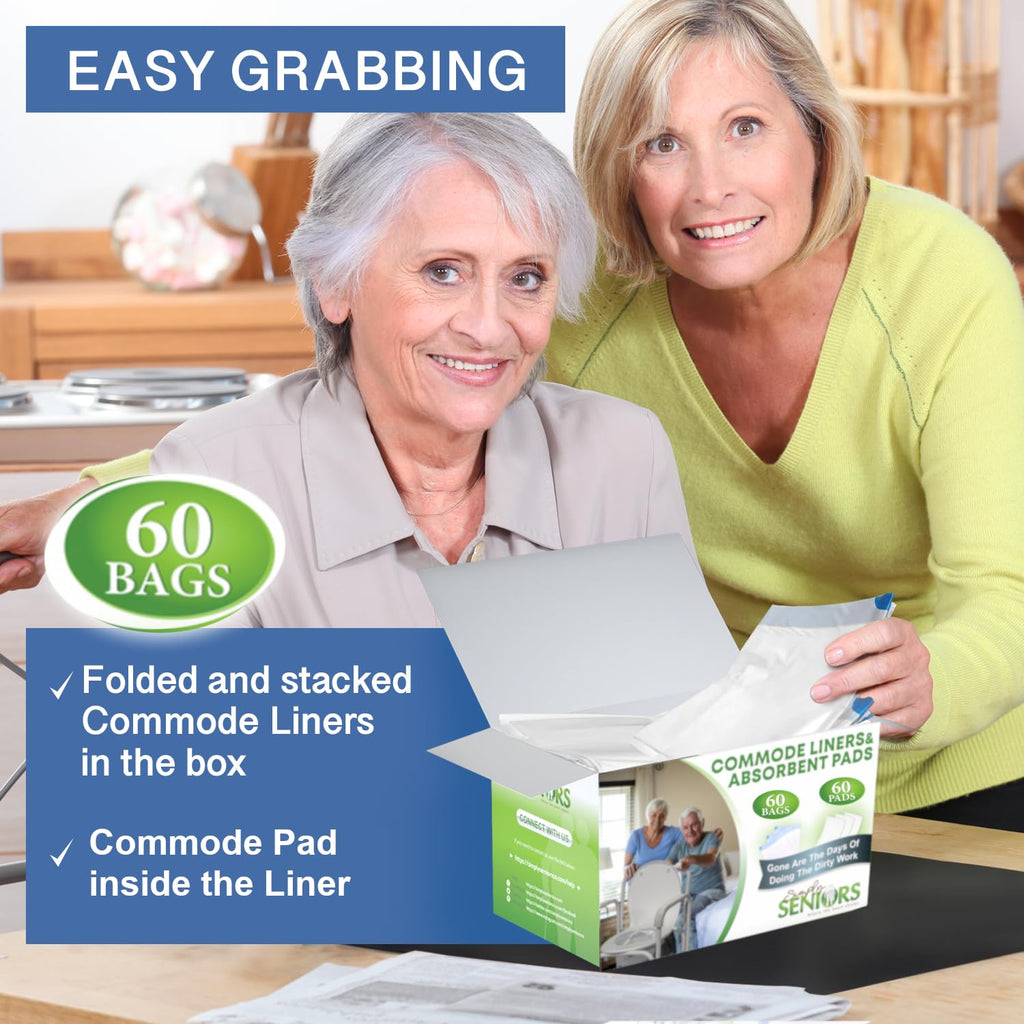 Commode Liners with Absorbent Pads - 60 Bedside Commode Liners & Pads - Portable Toilet Bags for Porta Potty & Camping - No More Days Washing The Bucket of The Commode Chair for Toilet with Arms