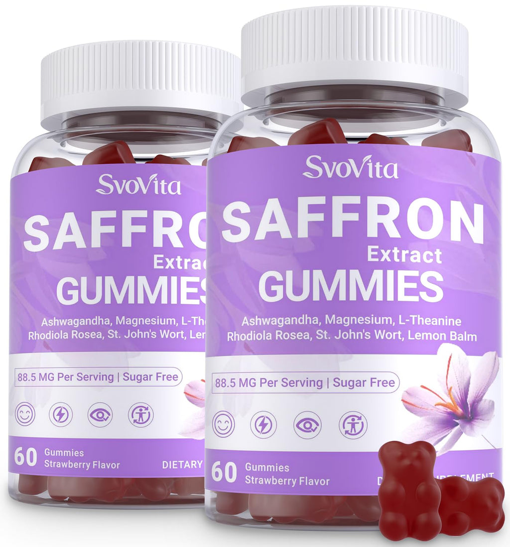 Svovita Saffron Gummies Supplements with 88.5 mg Saffron Extract, Magnesium Glycinate, L-Theanine, Ashwagandha, Rhodiola Rosea, St. John’s Wort - Sugar Free 120 Count