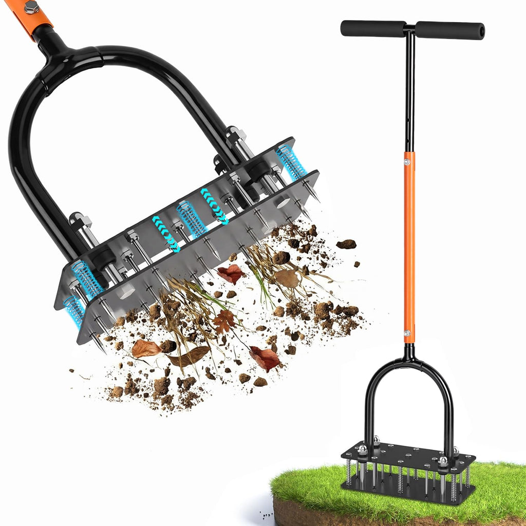 GAINO Manual Lawn Aerator Tool with 15 Spikes, 32"-35" Adjustable T-Handle Aerator for Lawn, Automatic Dirt Ejection Design, Heavy Duty Yard Grass Aerator for Soil Compaction, Black & Orange