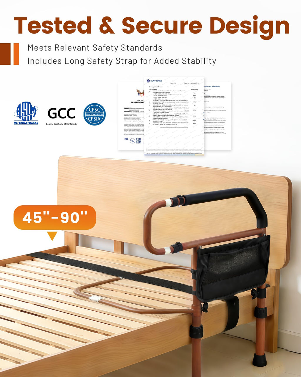 Sangohe Bed Rail for Elderly, Bed Assist Grab Bar Handle with Storage Pocket, Safety Bed Rails for Elderly Adults Getting in & Out of Bed at Home and Dorm, Reddish Brown, 504A02