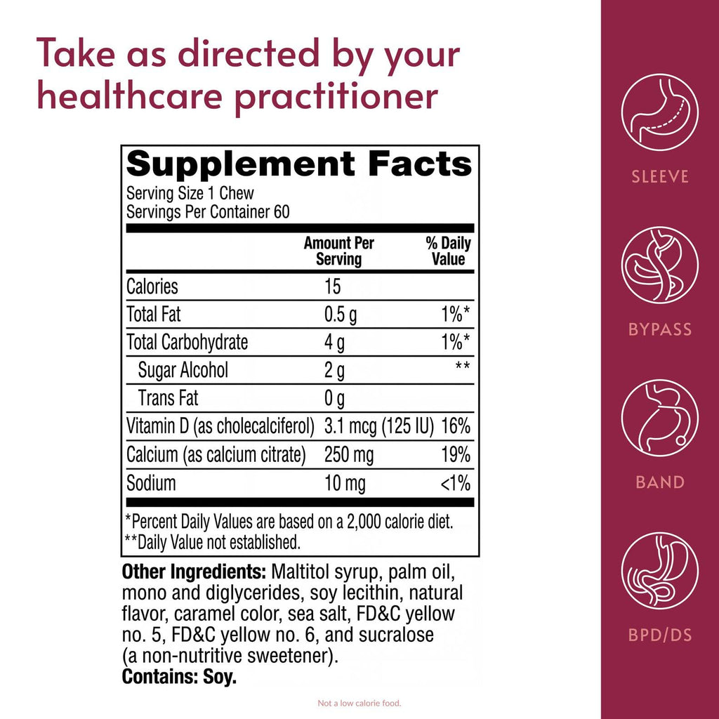 Bariatric Advantage Calcium Citrate Chewy Bites 250 mg with Vitamin D3 - Chewable Supplement for Bariatric Surgery Patients - Sugar-Free Calcium Chews - Caramel Flavor - 60 Count