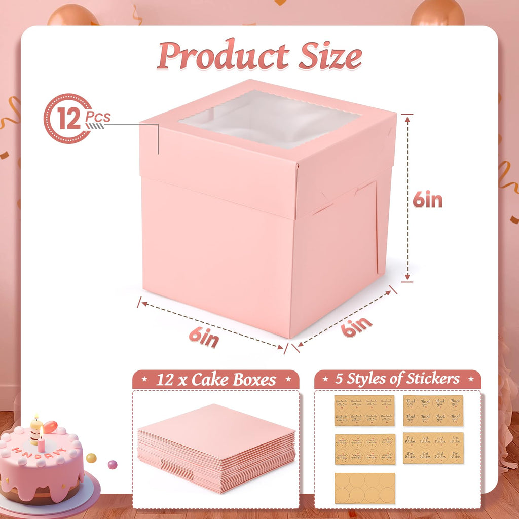 DOYIDE 12Pcs 6x6x6 Inches Small Cake Boxes, Pink Square Bakery Boxes with Window, Mini Cake Containers for Pastries, Cookies, Chocolates, Cupcakes, Birthday Party Cajas Pasteles