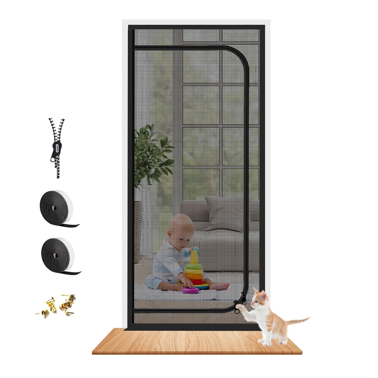 Upgraded Reinforced Pet Screen Door Thickened Cat Resistant Mesh Screen Door for Living Room, Bedroom, Patio, Dog Cat Scratch Proof Screen with Zipper Closure (Fits Door Size up to 36''x 82'', Black)